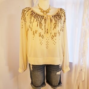 Jennifer Lopez Cream Blouse w Gold Sequins sz XL